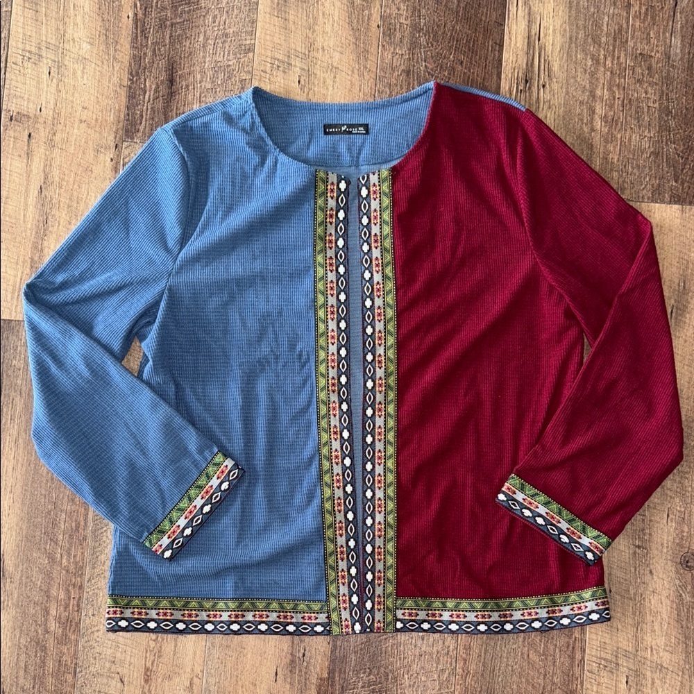 Two-Tone Corduroy Women's Blazer with Ethnic Trim - Picture 3 of 12
